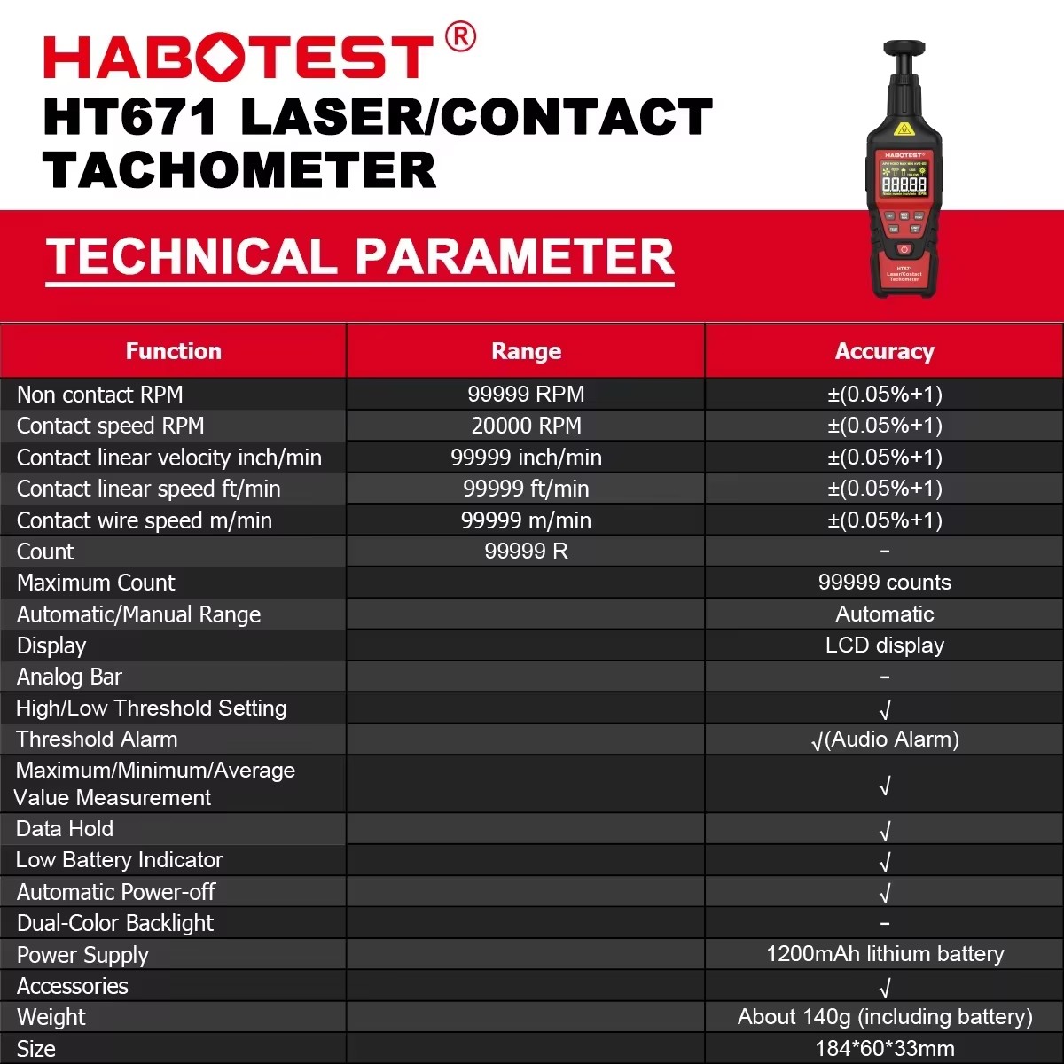 HABOTEST HT671 2-in-1 Digital  - Industrial Laser Tachometer recension och pris